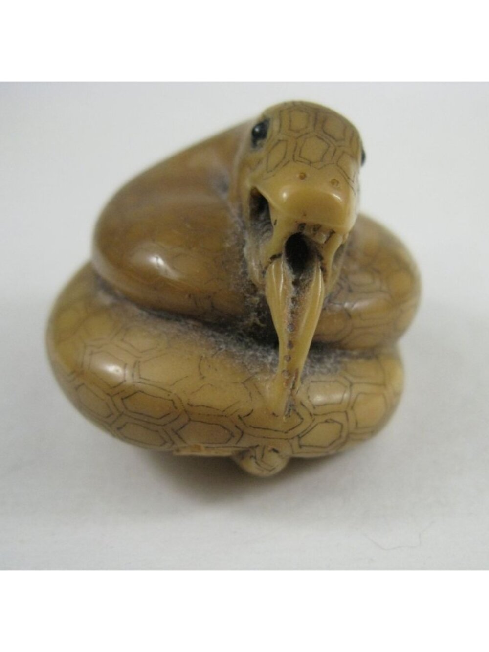 Vintage Japanese Netsuke Carved Snake Tagua Nut Signed Figurine Glass Eyes